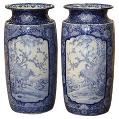 Pair of Vintage Hand Painted Blue and White Porcelain Vases Umbrella Stands