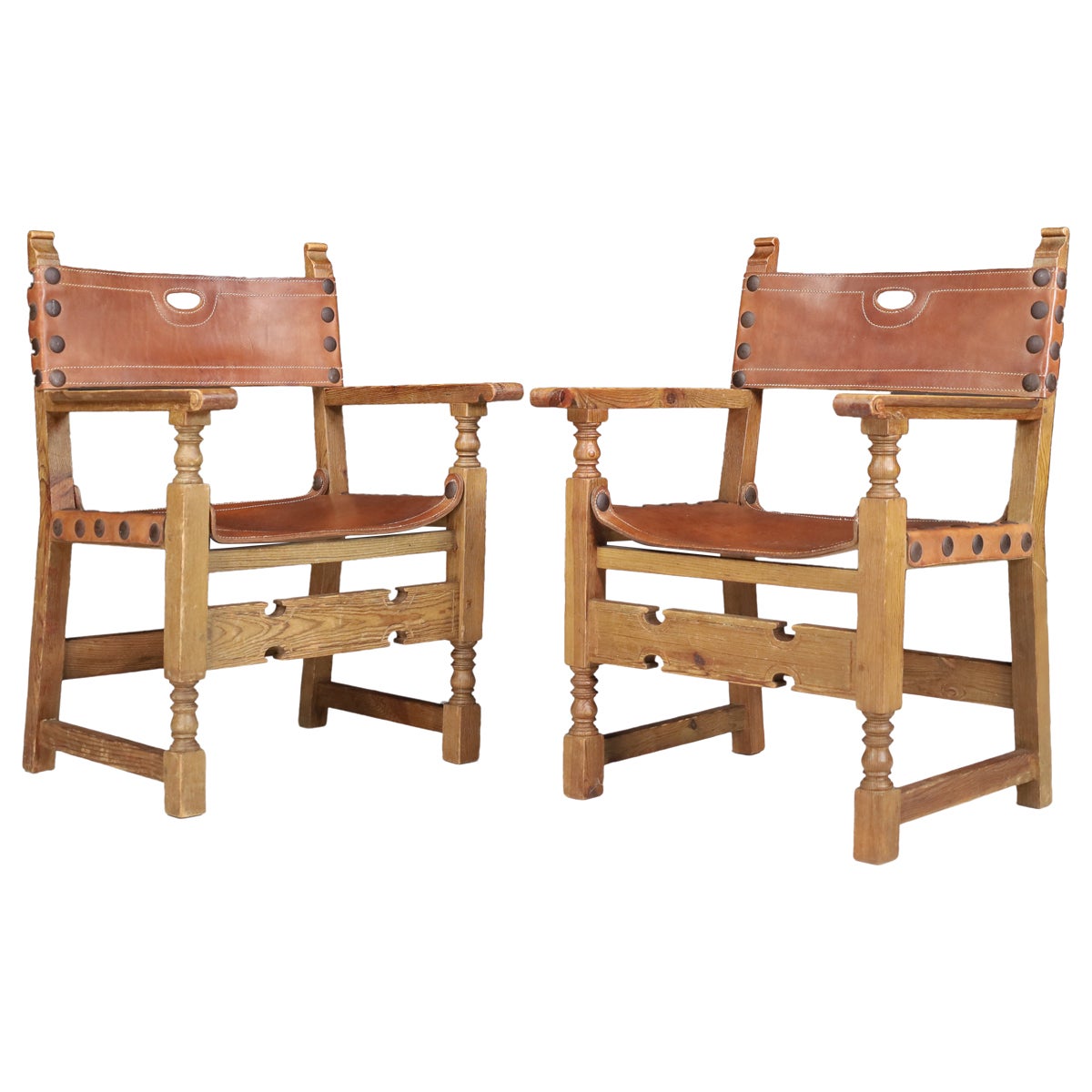 Pine and Saddle Leather Arm Chairs, France, 1940s  For Sale