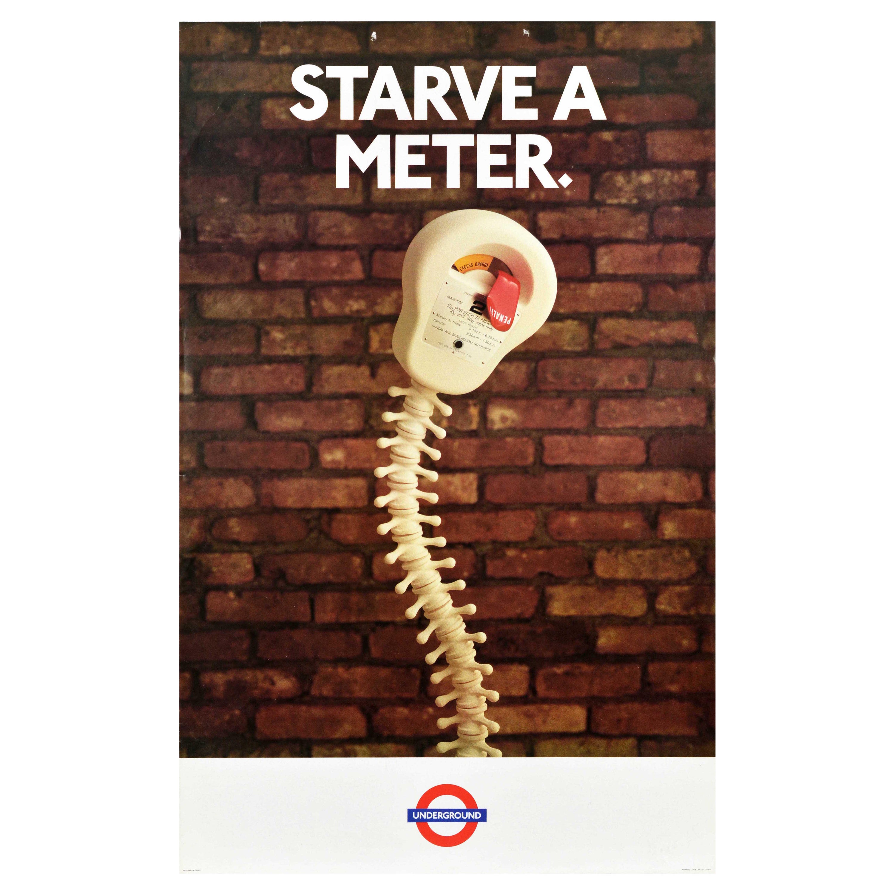Original Vintage London Underground Poster LT Starve A Meter Skelett Parking, Original