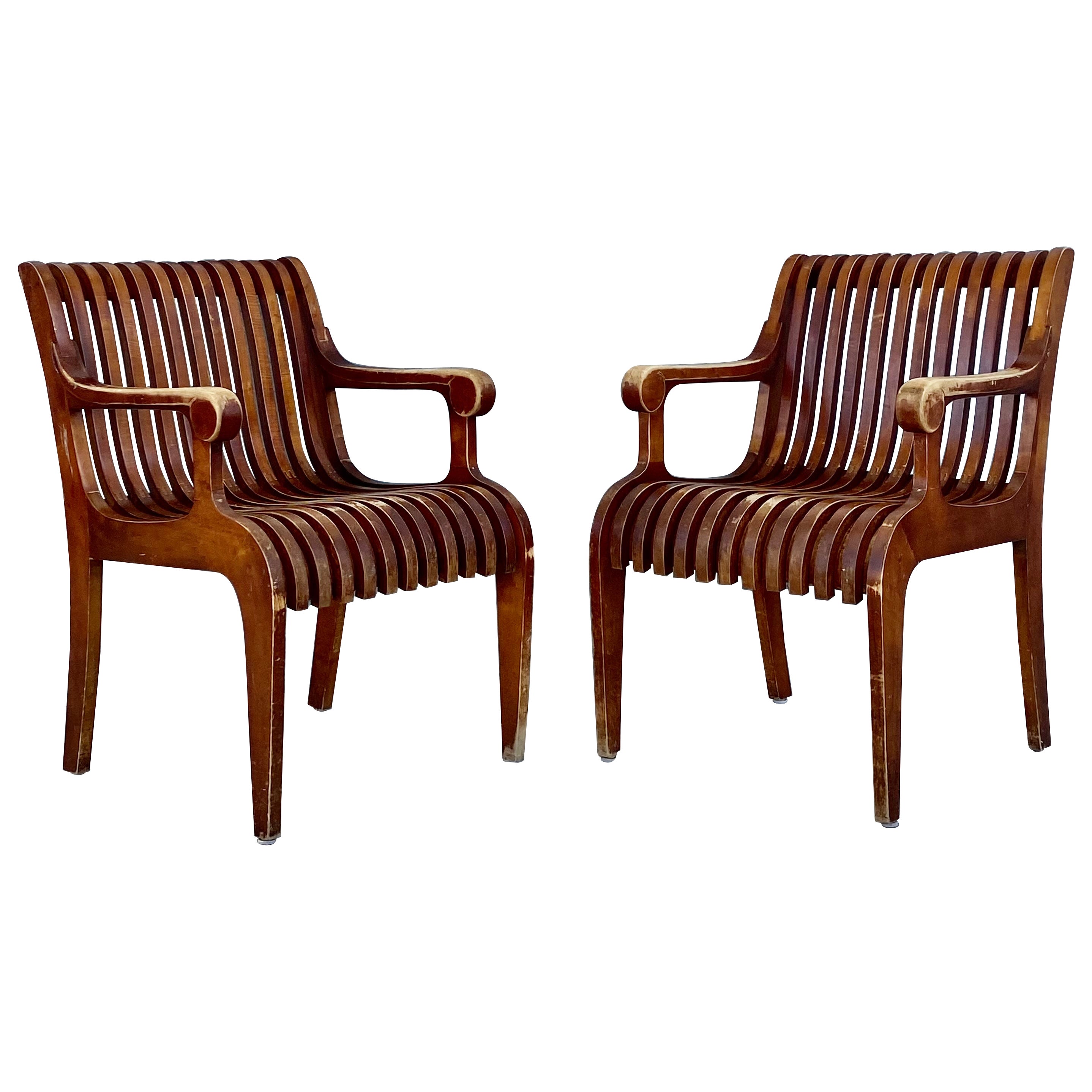 1950s Sculptural Teak Curved Slatted Bentwood Scroll Armchairs, Set of 2 For Sale