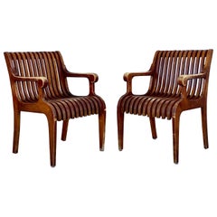 Retro 1950s Sculptural Teak Curved Slatted Bentwood Scroll Armchairs, Set of 2