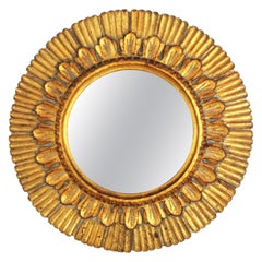 Sunburst Giltwood Round Wall Mirror, Spain, 1950s