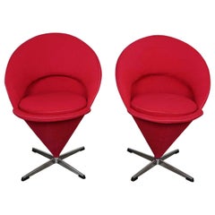 Pair Vintage Mid-Century Modern Red Cone Chairs Verner Panton for Fritz Hansen