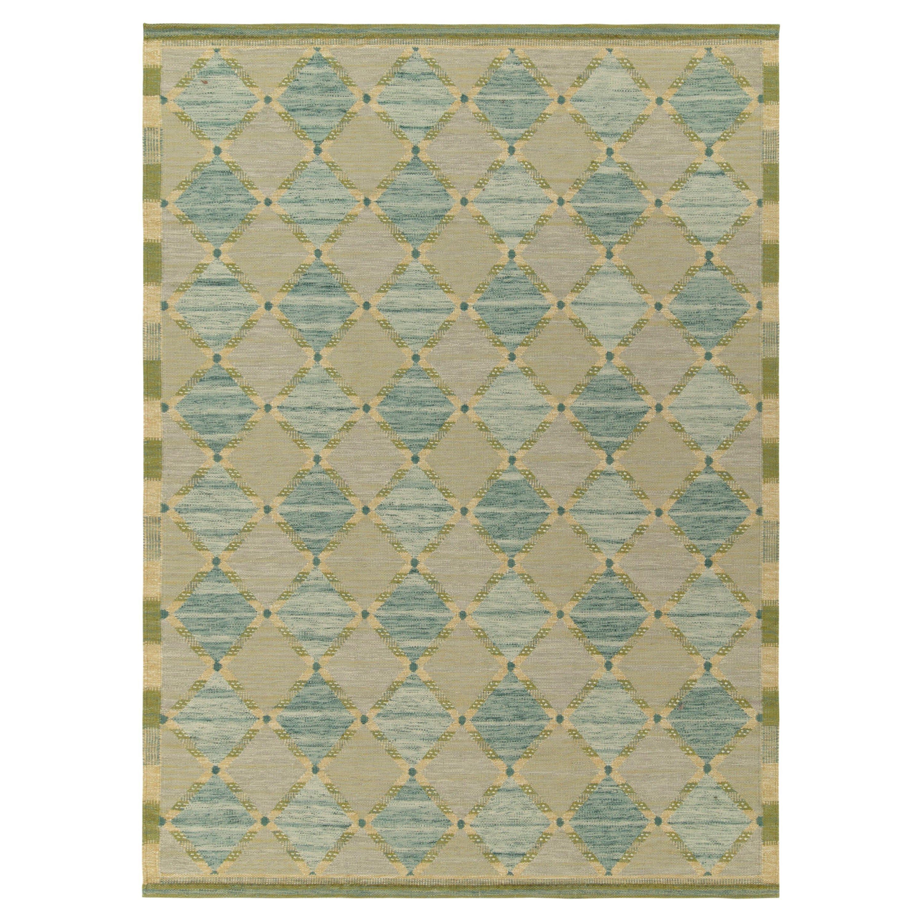 Rug & Kilim's Scandinavian Style Custom Kilim Rugs in Blue, Green Trellises