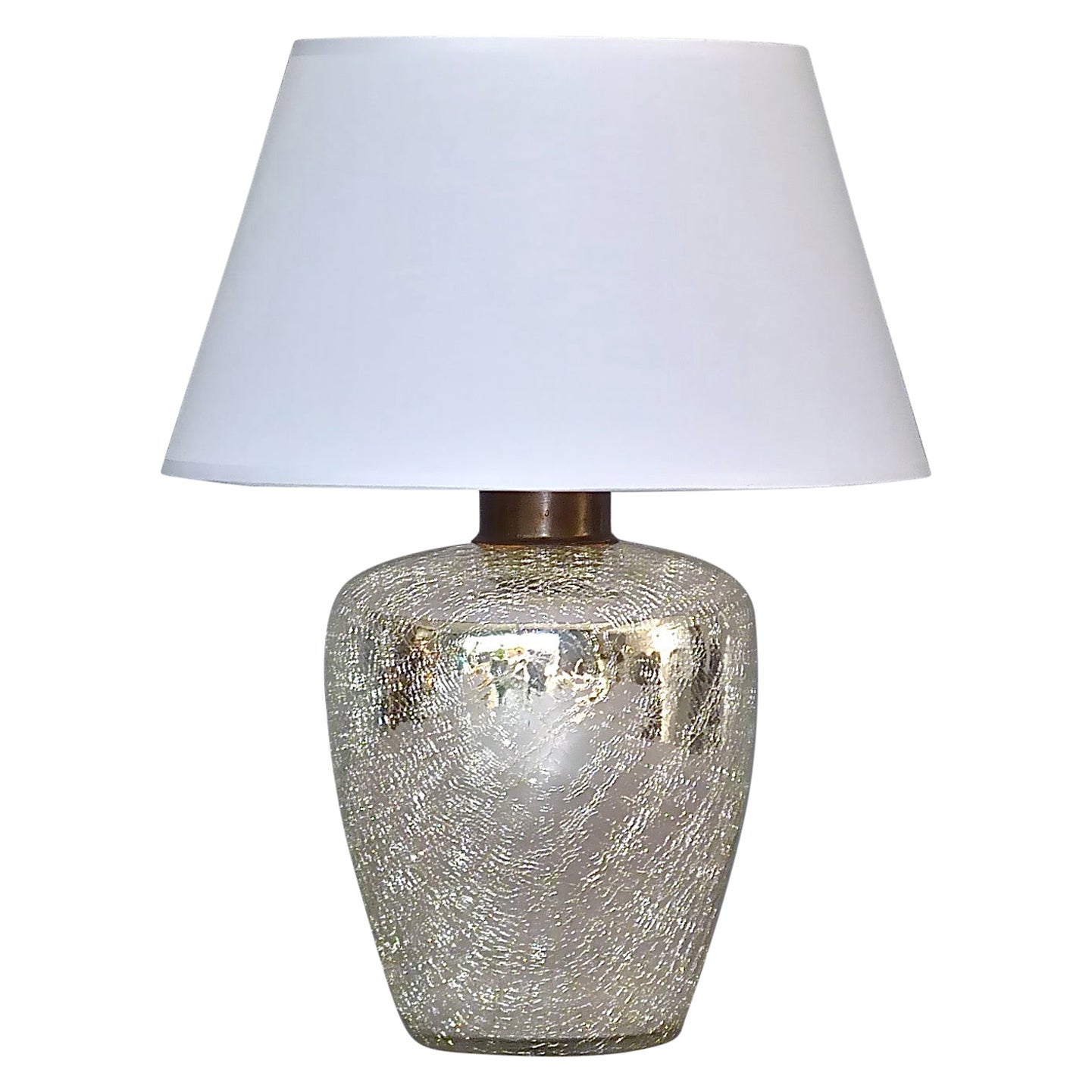 Rare Silver Art Deco Table Lamp Crackle Glass White Fabric Modernism France 1930 For Sale