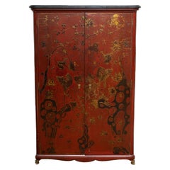 19th Century French Red Lacquer Armoire with Brass Feet