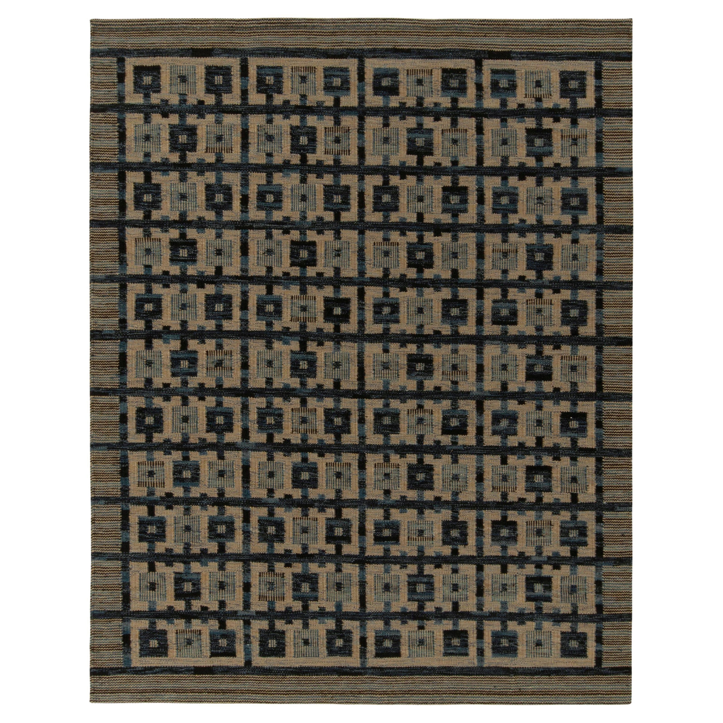 Rug & Kilim’s Scandinavian Style Kilim in Blue and Beige-Brown Geometric Pattern For Sale