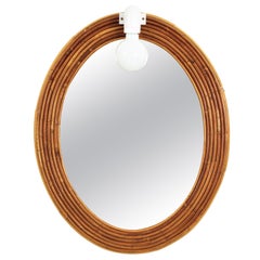 Vintage Vivai del Sud Rattan Oval Mirror with Wall Light