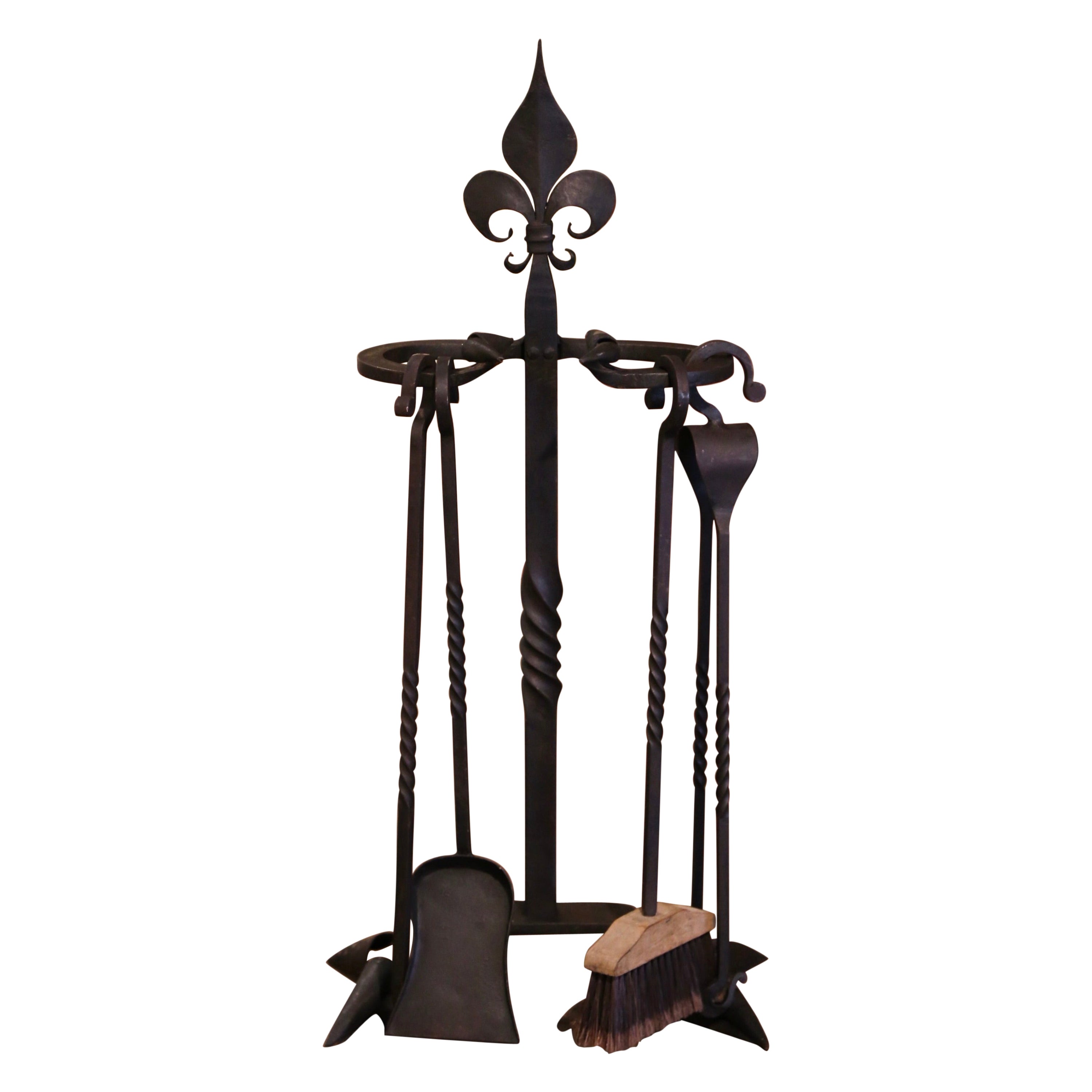 Ensemble d'outils de cheminée en fer forgé de style gothique français du milieu du siècle avec fleur de lys