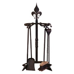 Retro Mid-Century French Gothic Wrought Iron Fireplace Tool Set with Fleur-de-Lys