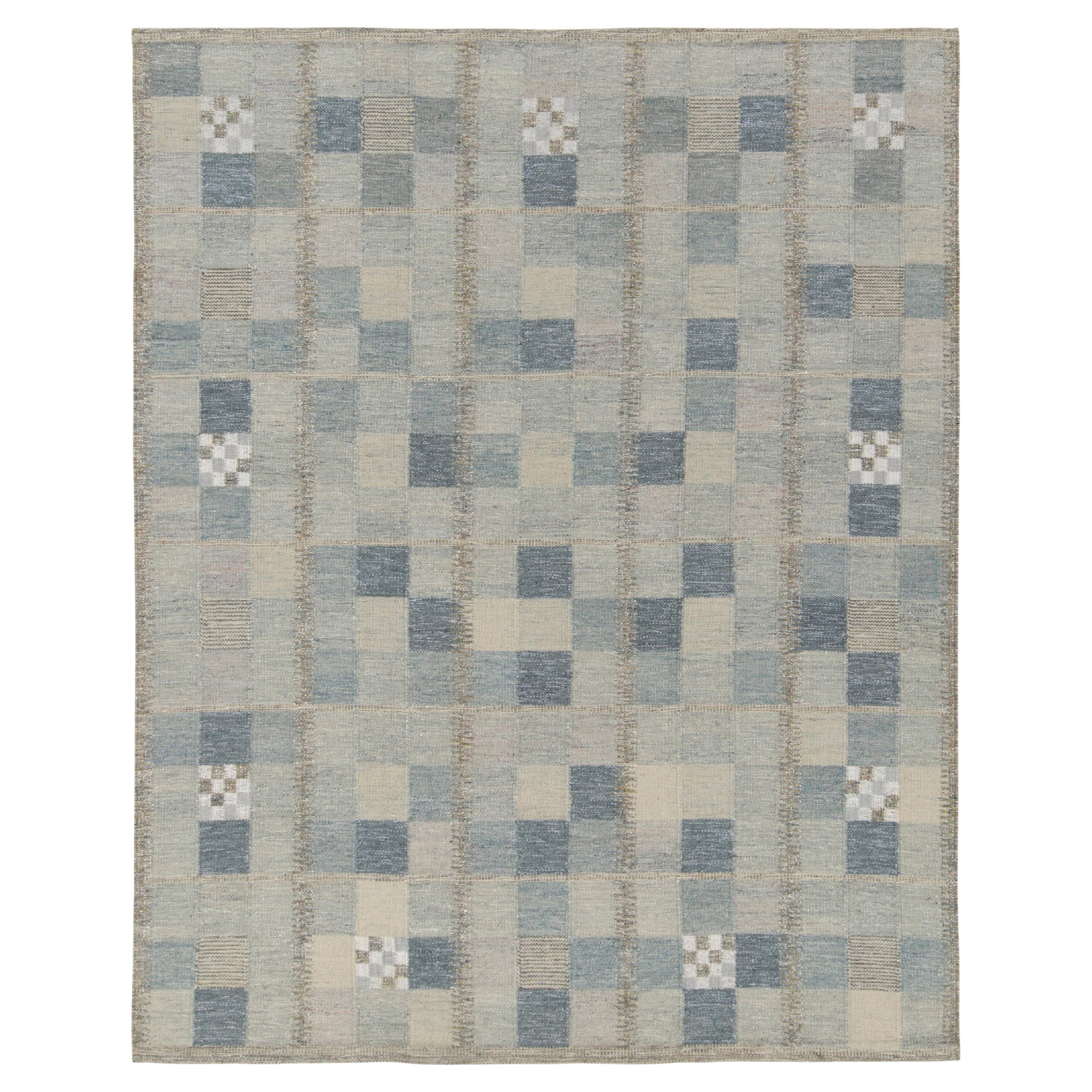 Rug & Kilim's Scandinavian Style Kilim Rug in Blue, Grey Geometric Pattern For Sale