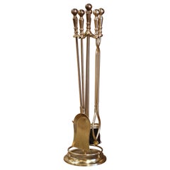 Mid-Century French Brass Fireplace Tool Set on Stand