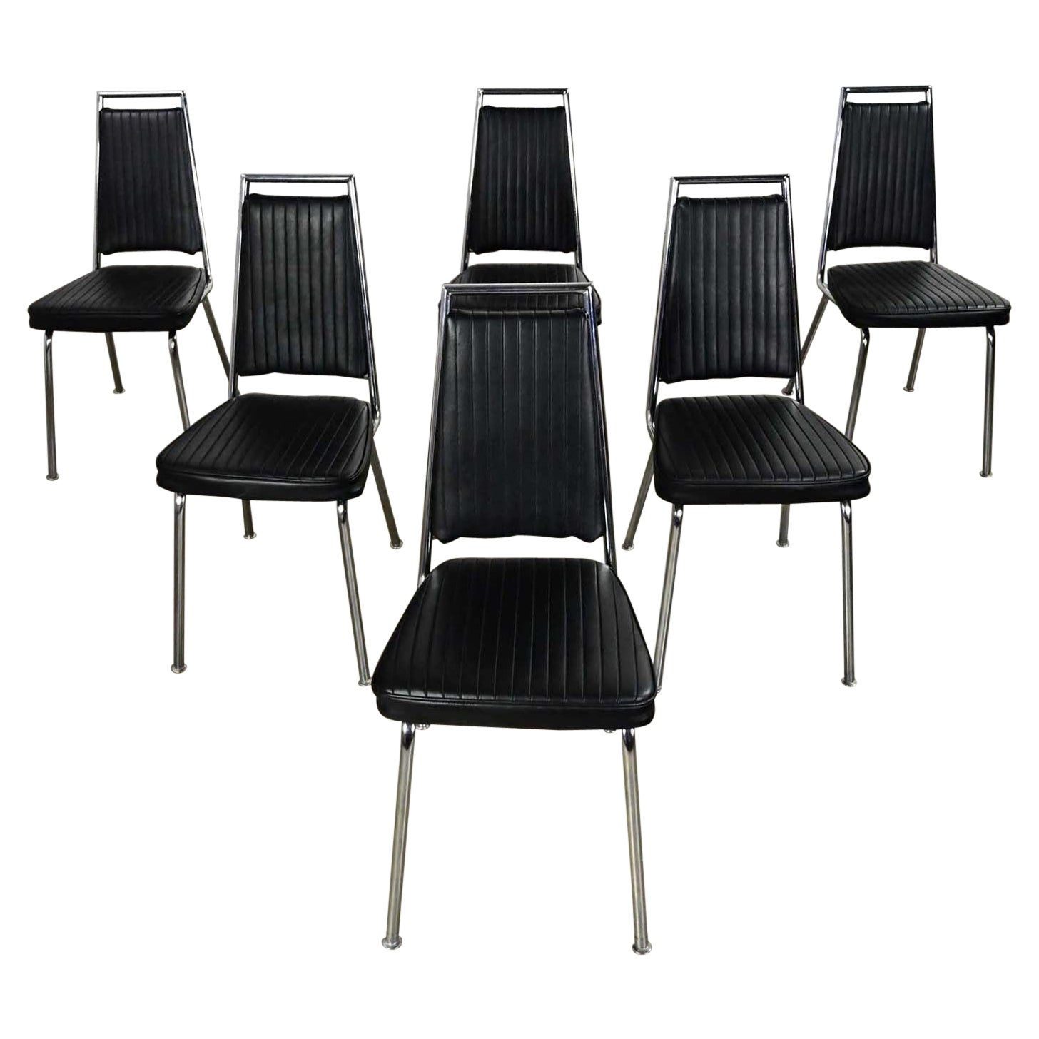 MCM Chromcraft Ribbed Black Vinyl Faux Leather & Chrome Dining Chairs Set of 6