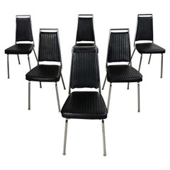 Retro MCM Chromcraft Ribbed Black Vinyl Faux Leather & Chrome Dining Chairs Set of 6