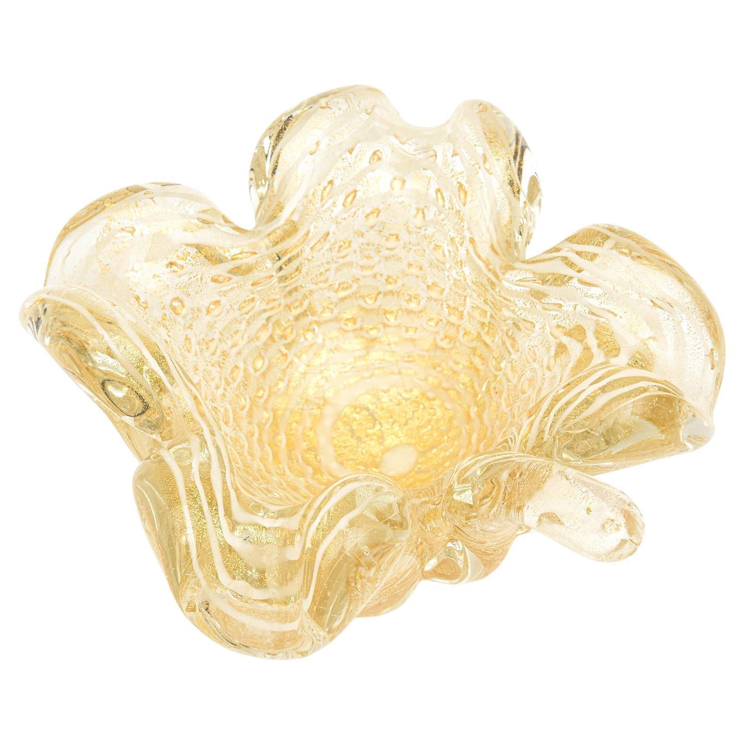 Italian Murano Barovier e Toso White, Gold Leaf Aventurine Glass Bowl Vintage