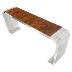 Postmodern Burl Wood and Lucite Console Table by Lion in Frost, 1970s