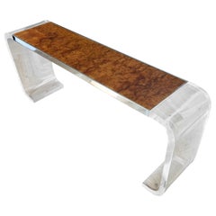 Console postmoderne en bois de ronce et lucite de Lion in Frost, 1970