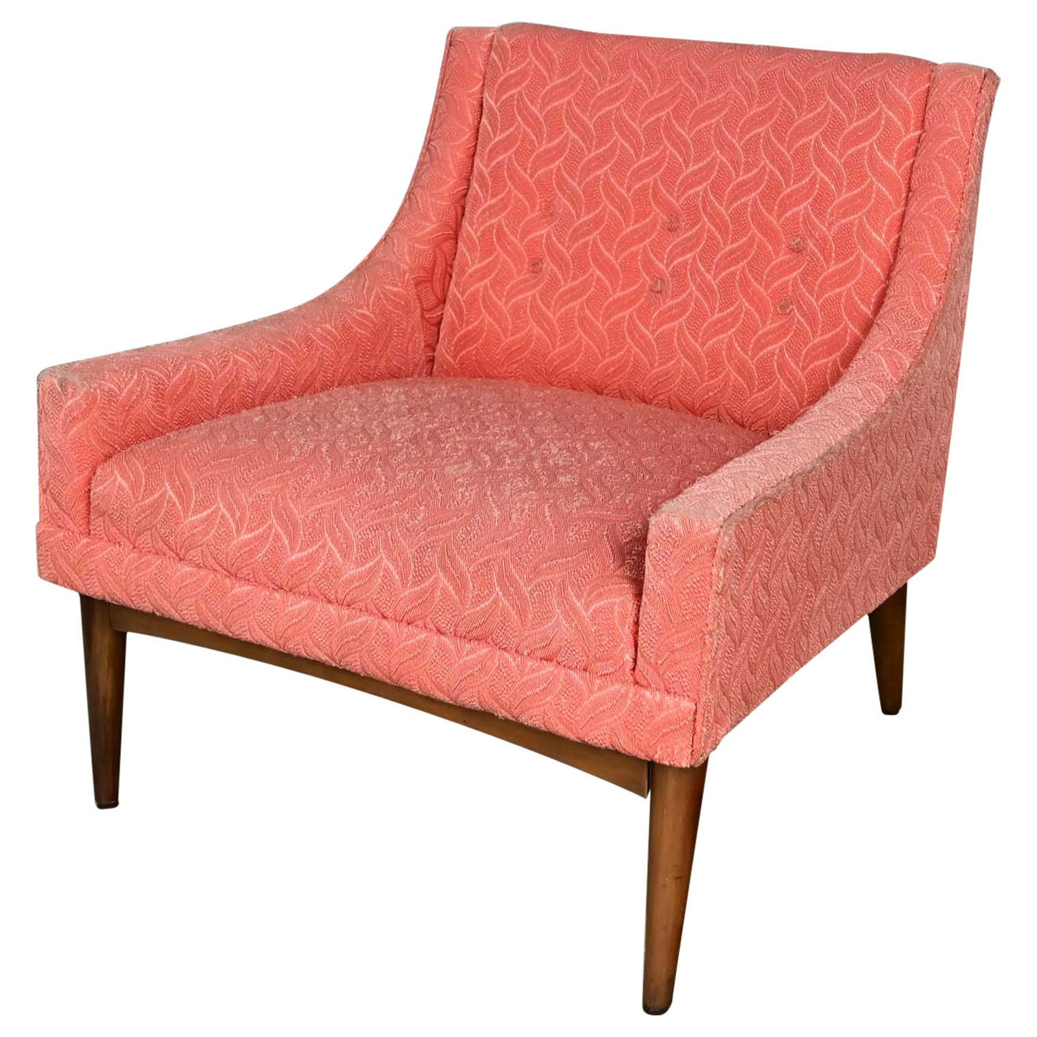 Chaise pantoufle vintage moderne du milieu du siècle dernier tapissée de frise corail