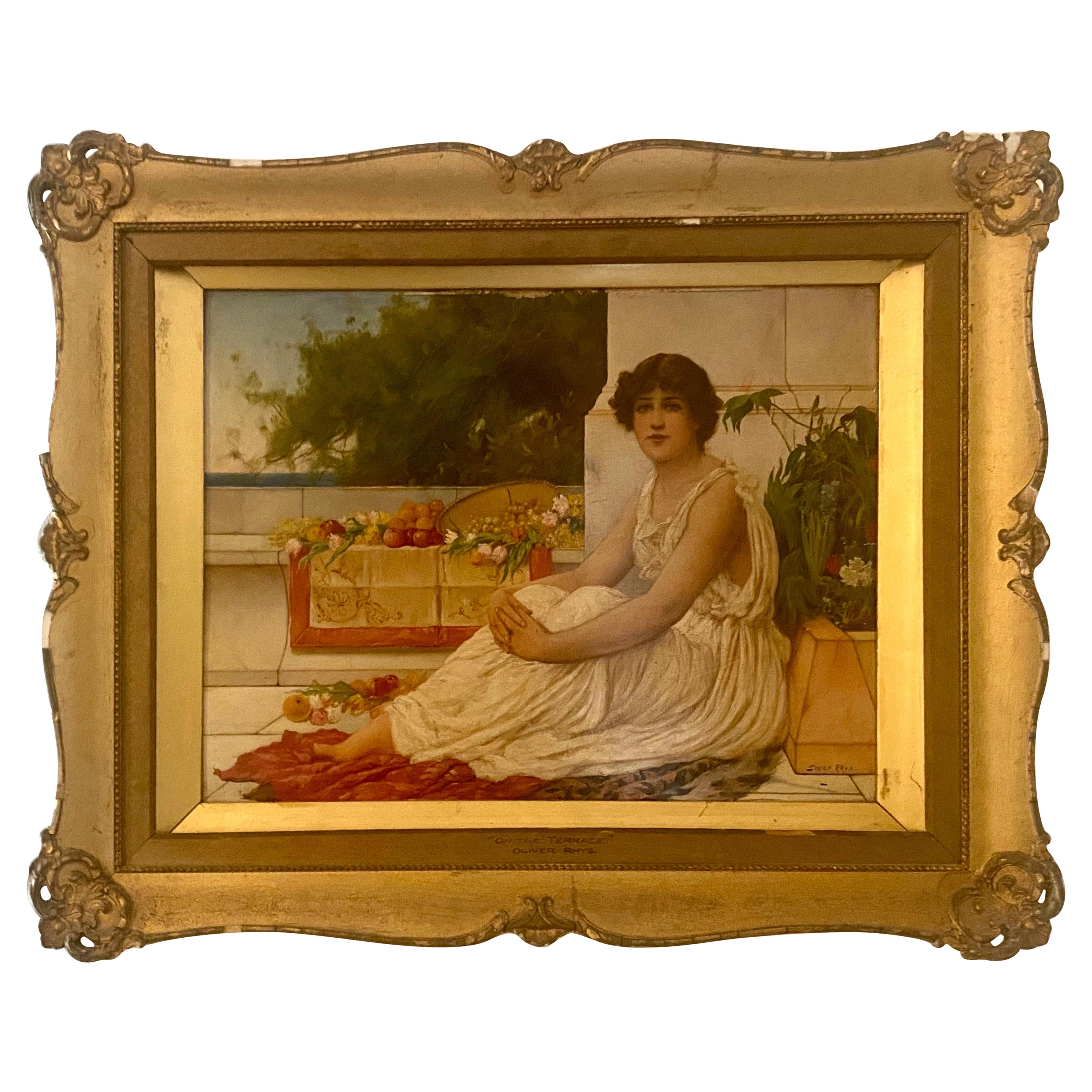 Fin du 19e siècle - Huile sur toile - Peinture de terrasse d'Oliver Rhys, signée en vente