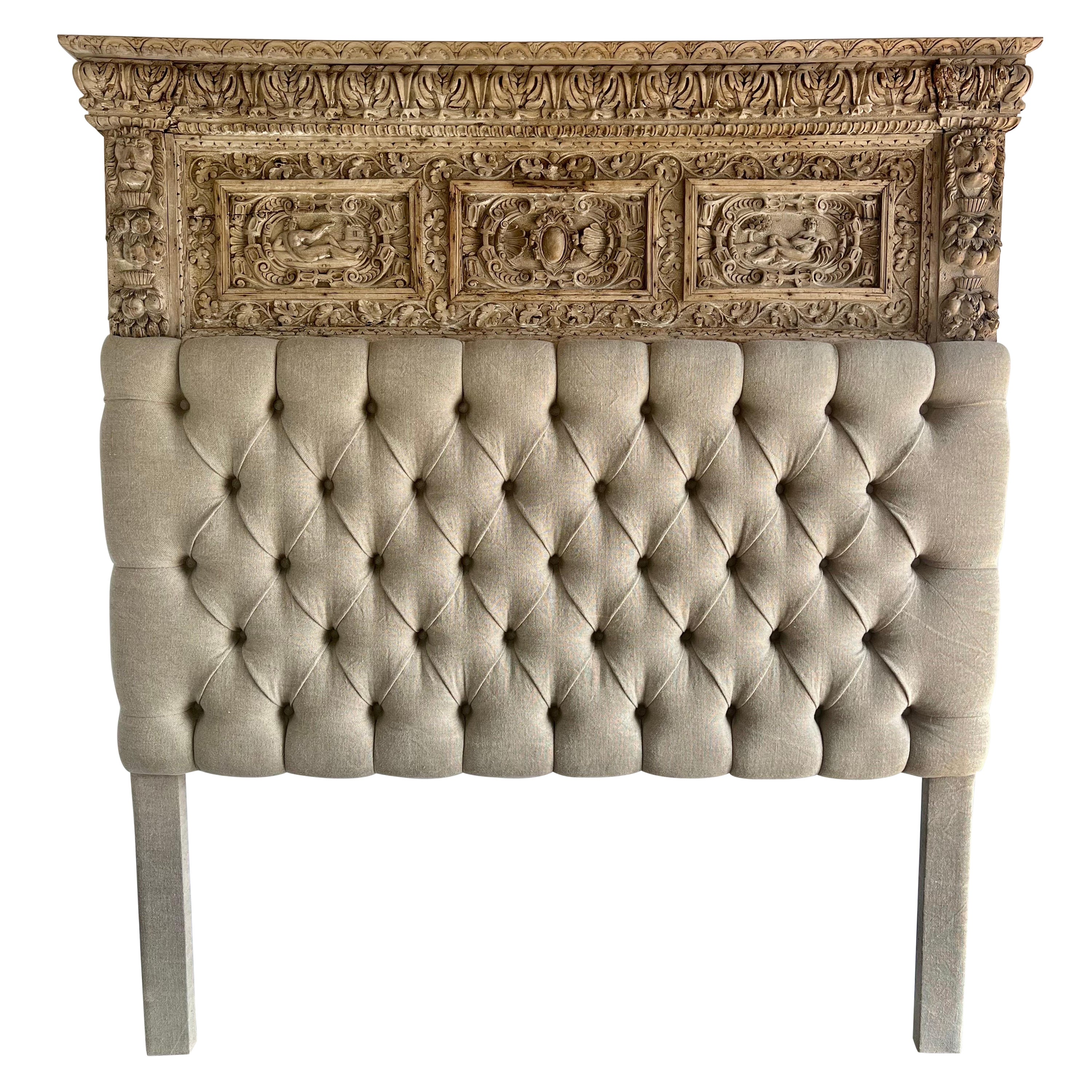 Queen Size Headboard w/ Antique Italian Carving  For Sale