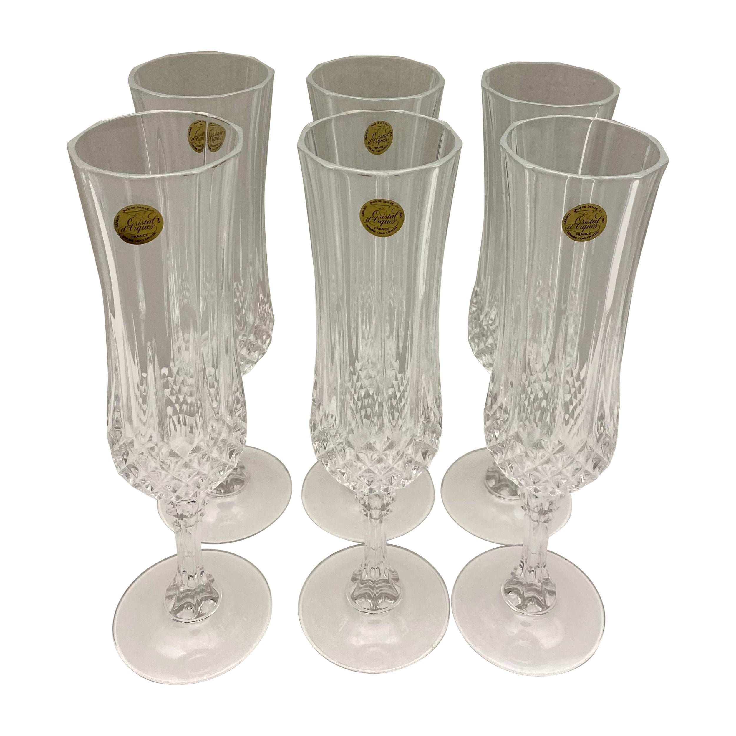 French Crystal Champagne Flutes, Set of 6 in Original Box For Sale
