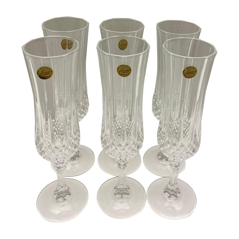 French Crystal Champagne Flutes, Set of 6 in Original Box For Sale at