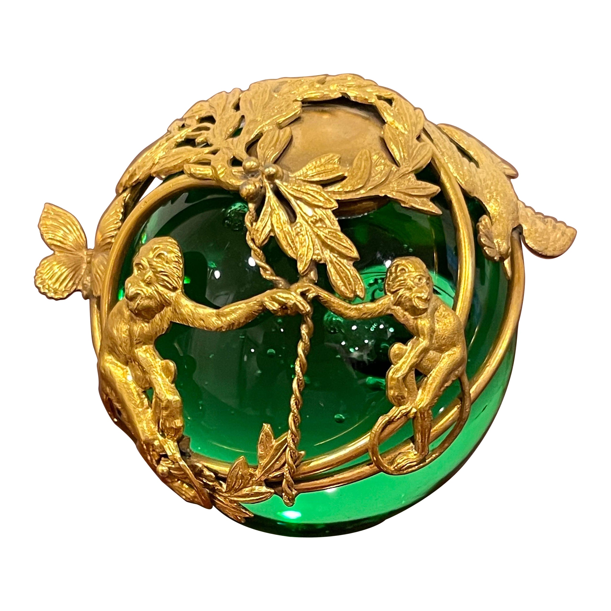 French Ormolu Monkey Motif Green Crystal Controlled Bubble Paperweight
