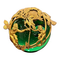 Antique French Ormolu Monkey Motif Green Crystal Controlled Bubble Paperweight