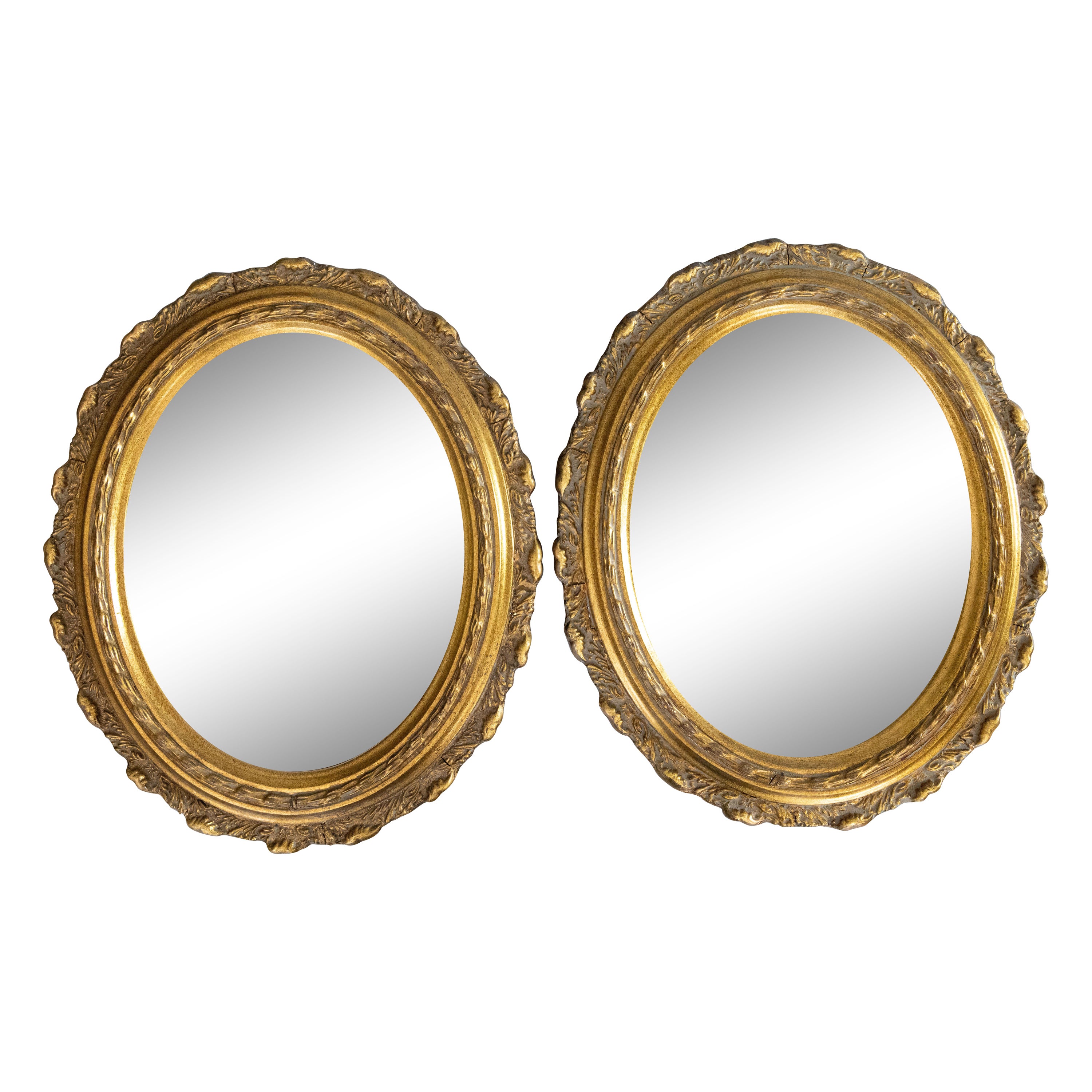 Pair of Mid-Century Italian Giltwood and Gesso Oval Mirrors, circa 1950