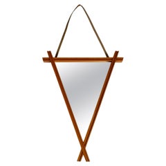 Italian Mid-Century Teak Triangle Wall Mirror with Leather Hanging Strap