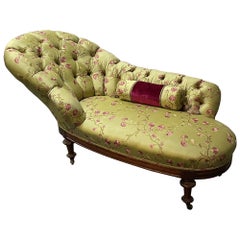 Victorian Chaise Lounge, Scalamandre Upholstery. Cylinder Pillow, 19th Century
