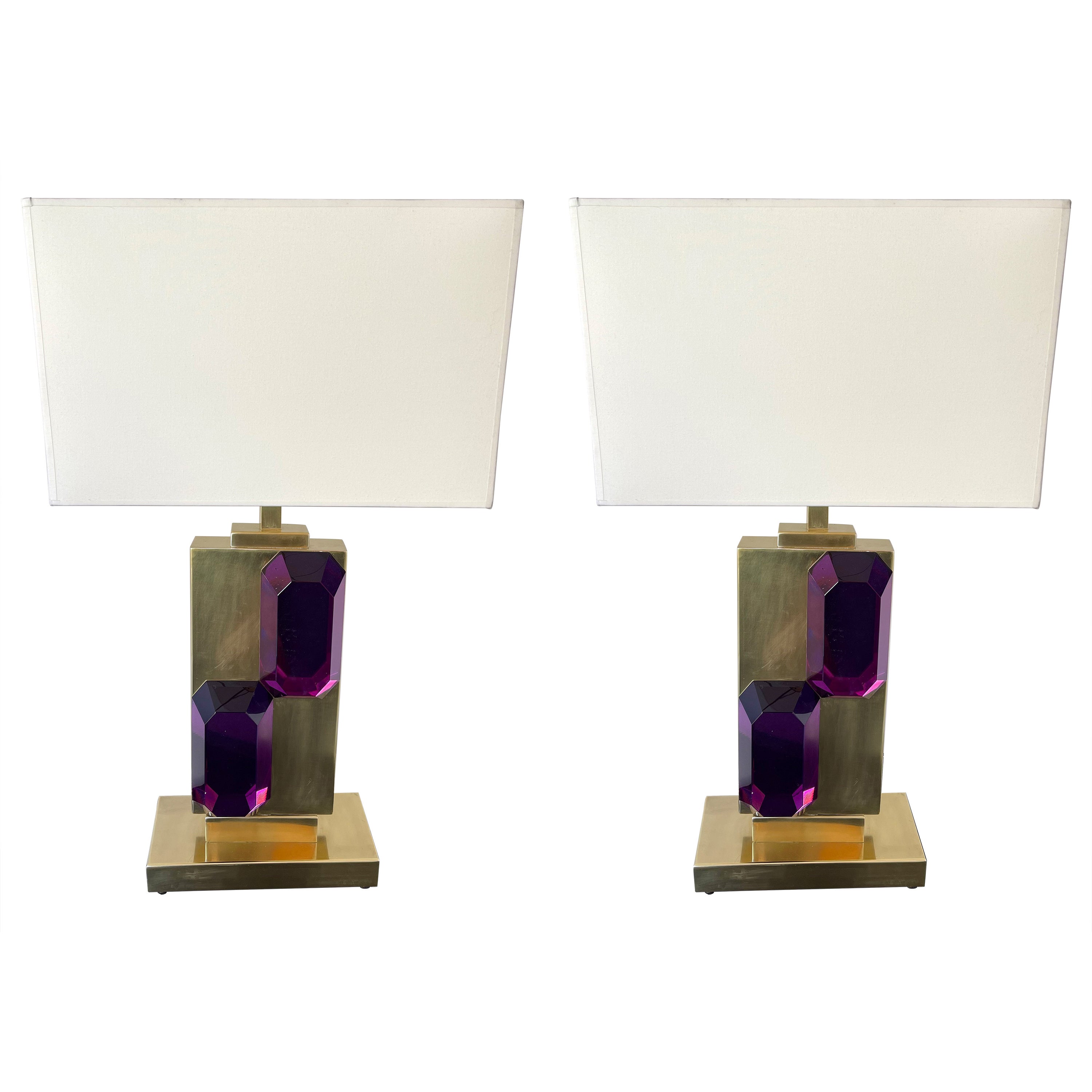 Contemporary Pair of Brass and Amethyst Murano Glass Bar Lamps, Italy For Sale