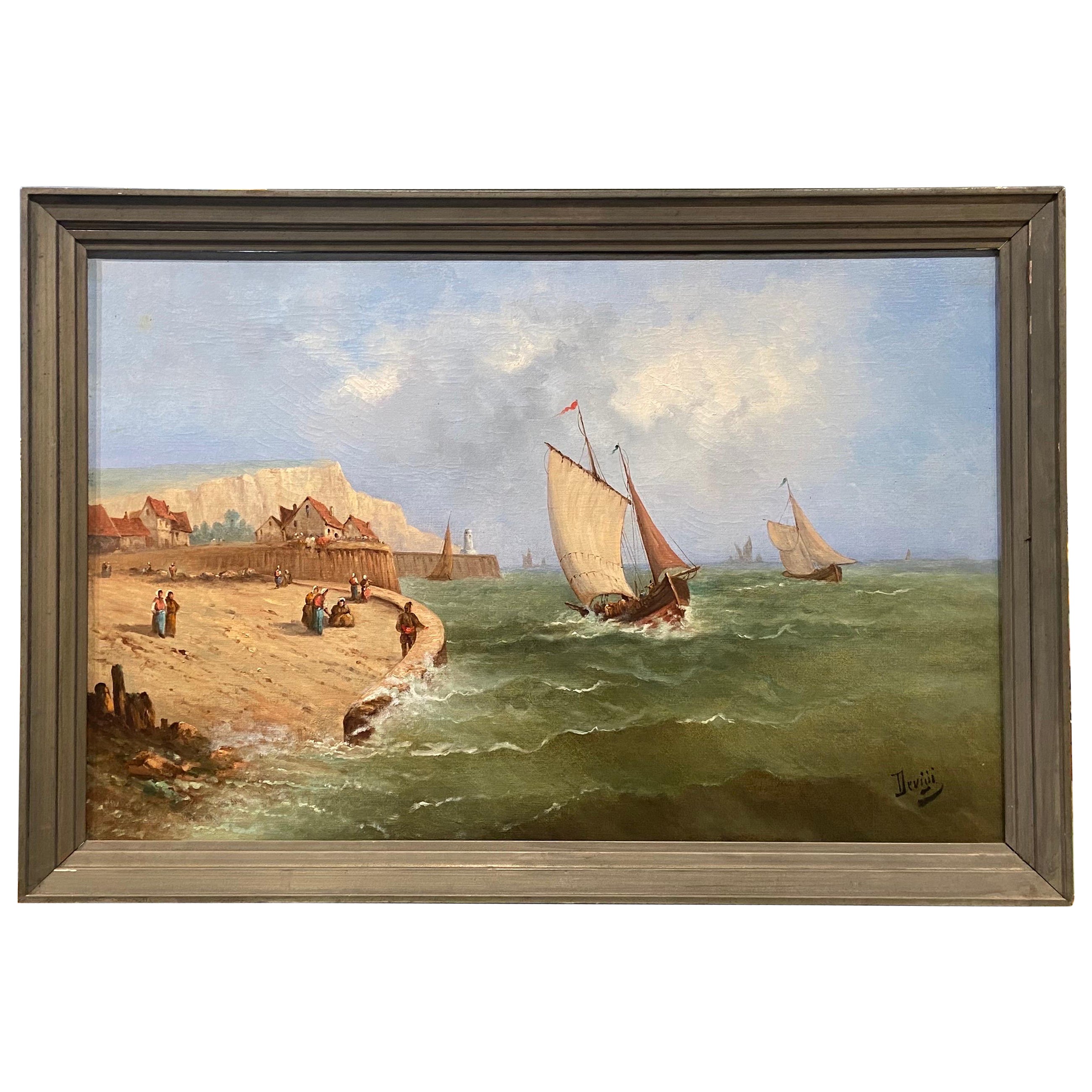 Grande peinture française du 19ème siècle par Devijii, huile sur toile