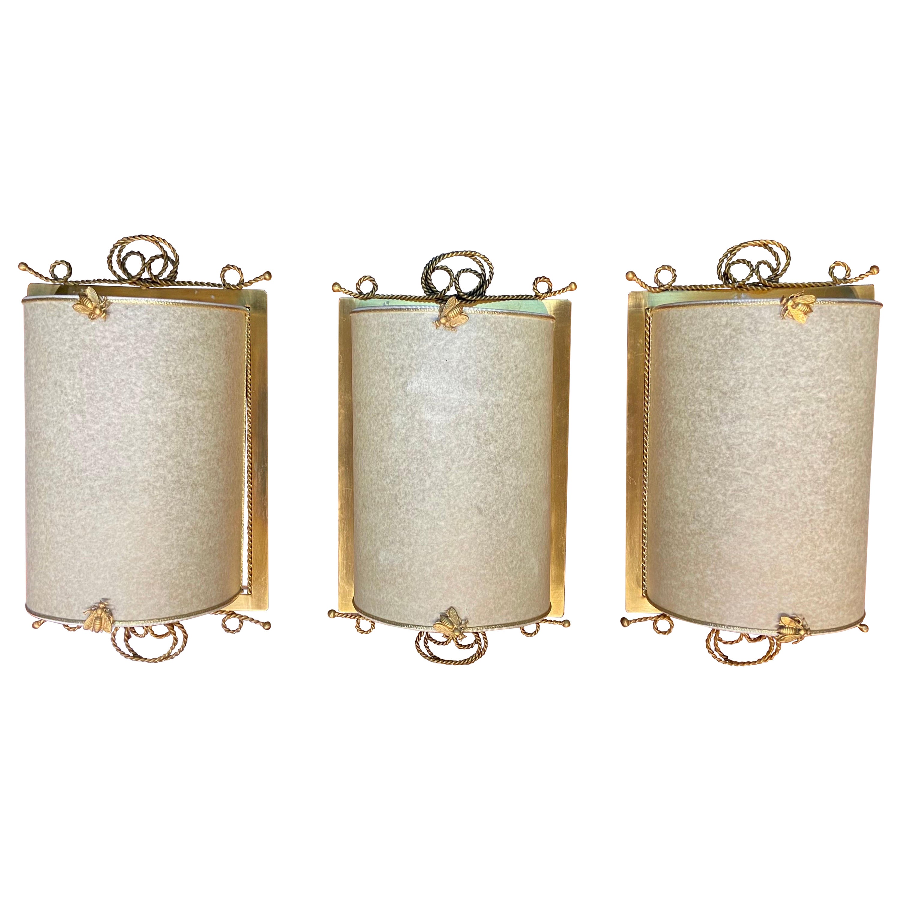 20th Century French Wall Sconces in Brass and Paper Decorated with Brass Bees For Sale