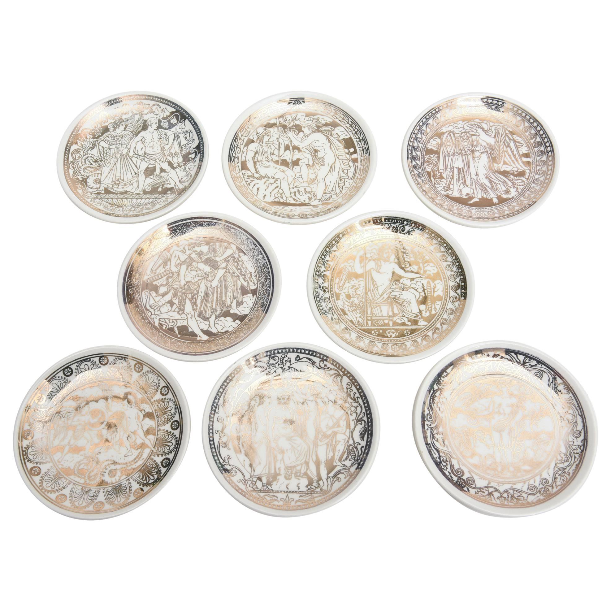 Set of 8 Italian Fornasetti Gilded Porcelain Coasters Entitled "Mitologia"/ SALE