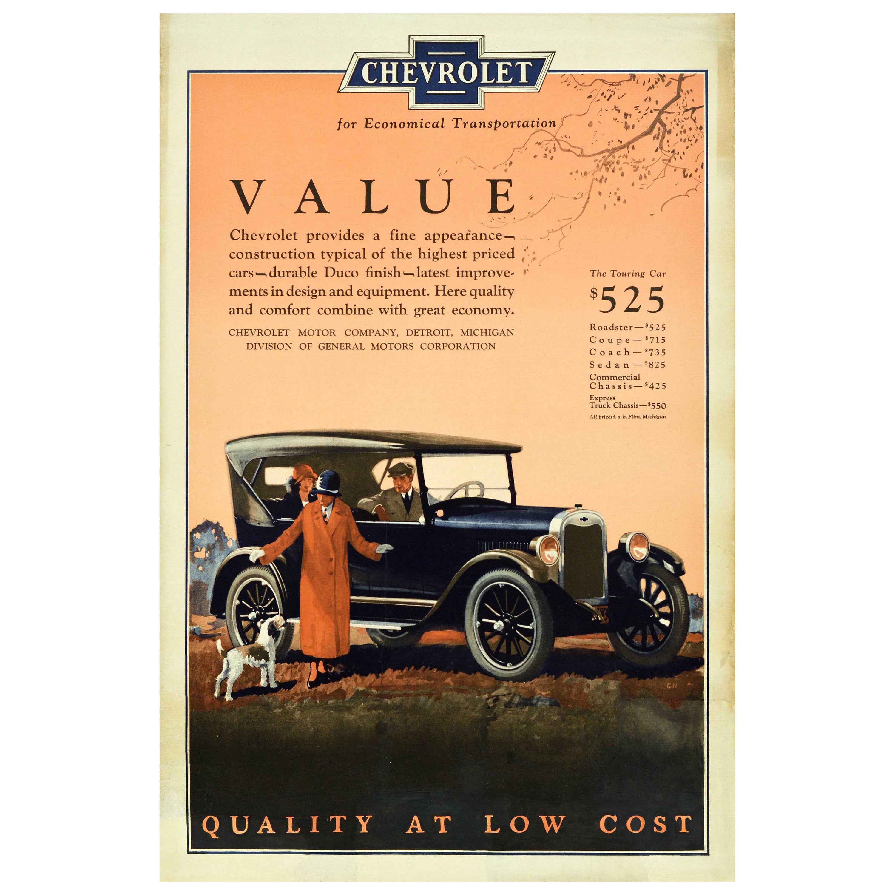 Affiche publicitaire originale de voitures anciennes Chevrolet Automobile General Motors, États-Unis