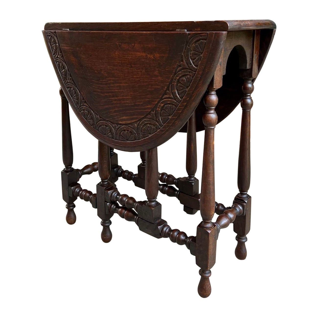 Antique English Drop Leaf Side Sofa Table Petite Carved Oak Jacobean Gate Leg