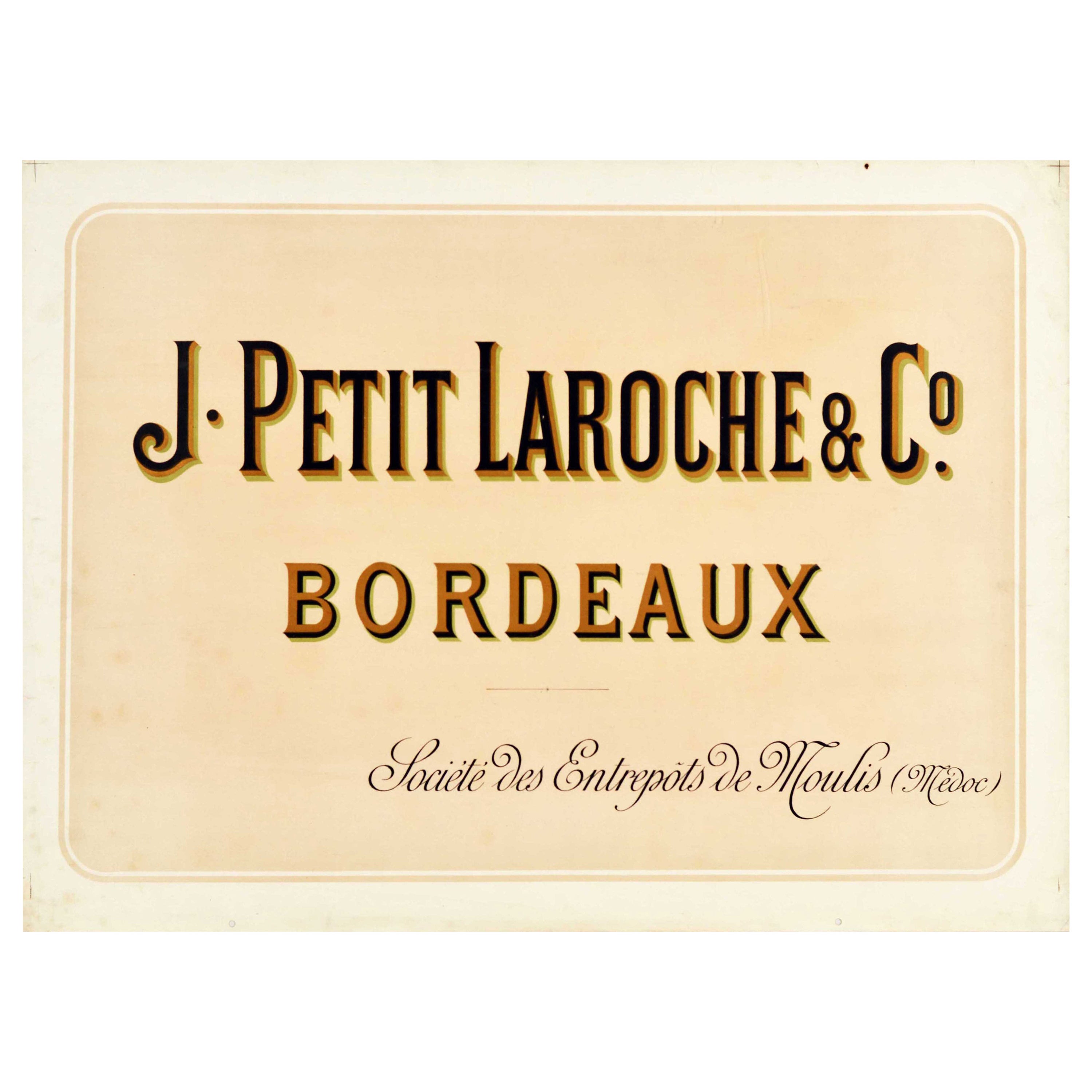 Original Antique Drink Poster J. Petit Laroche & Co Bordeaux Wine France Medoc For Sale