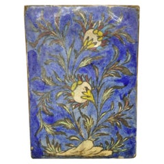Antique Persian Iznik Qajar Style Blue Ceramic Pottery Tile with Flowers C4