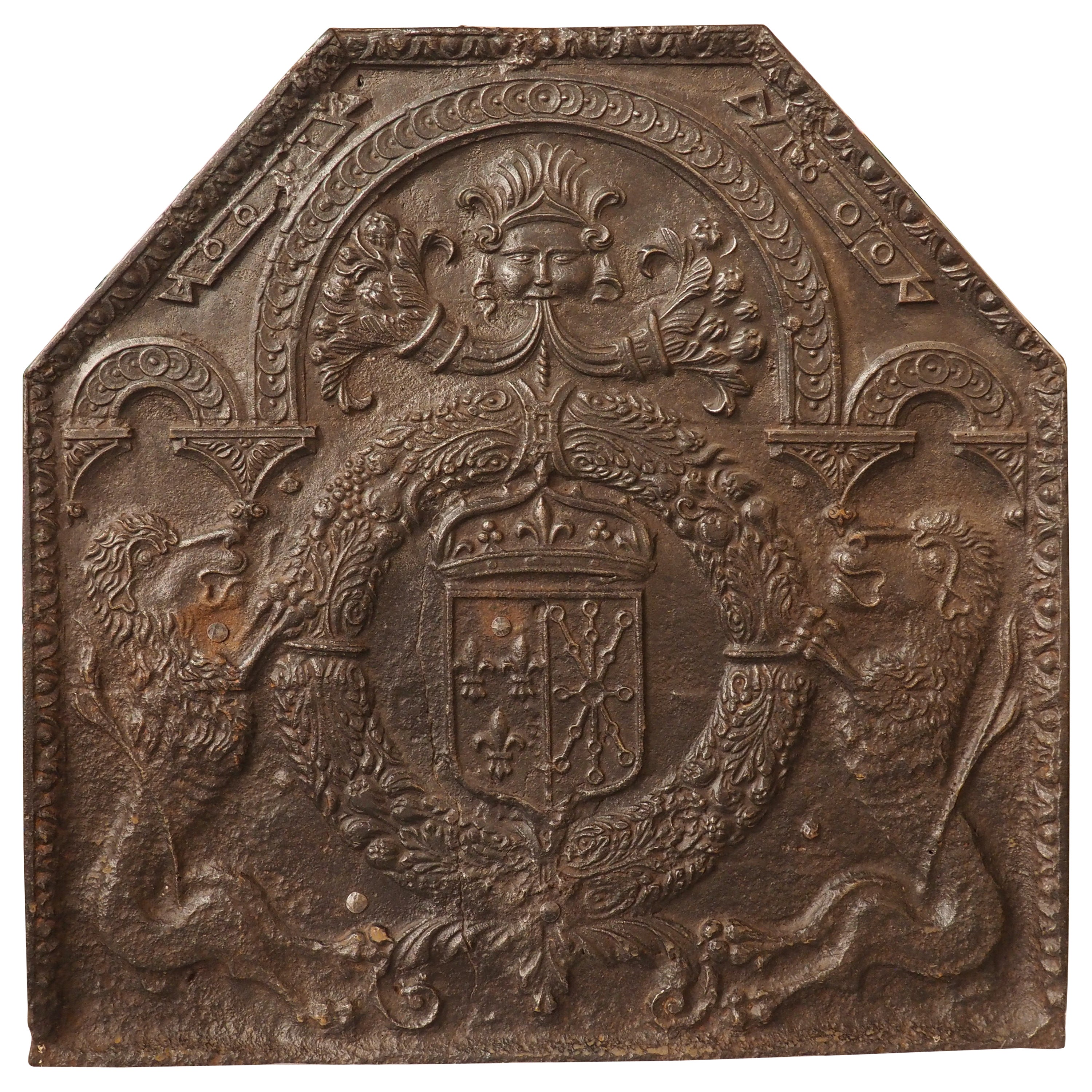 Circa 1600 French Cast Iron Fireback, the Coat of Arms of King Henry IV For Sale