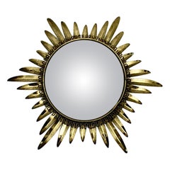 Modern Vintage Golden Metal Sunburst Convex Wall Mirror, France, 1970s
