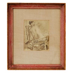 Nude Painting, Ink Wash, C 1950, Back View, Vintage, Original Brown Wood Framing