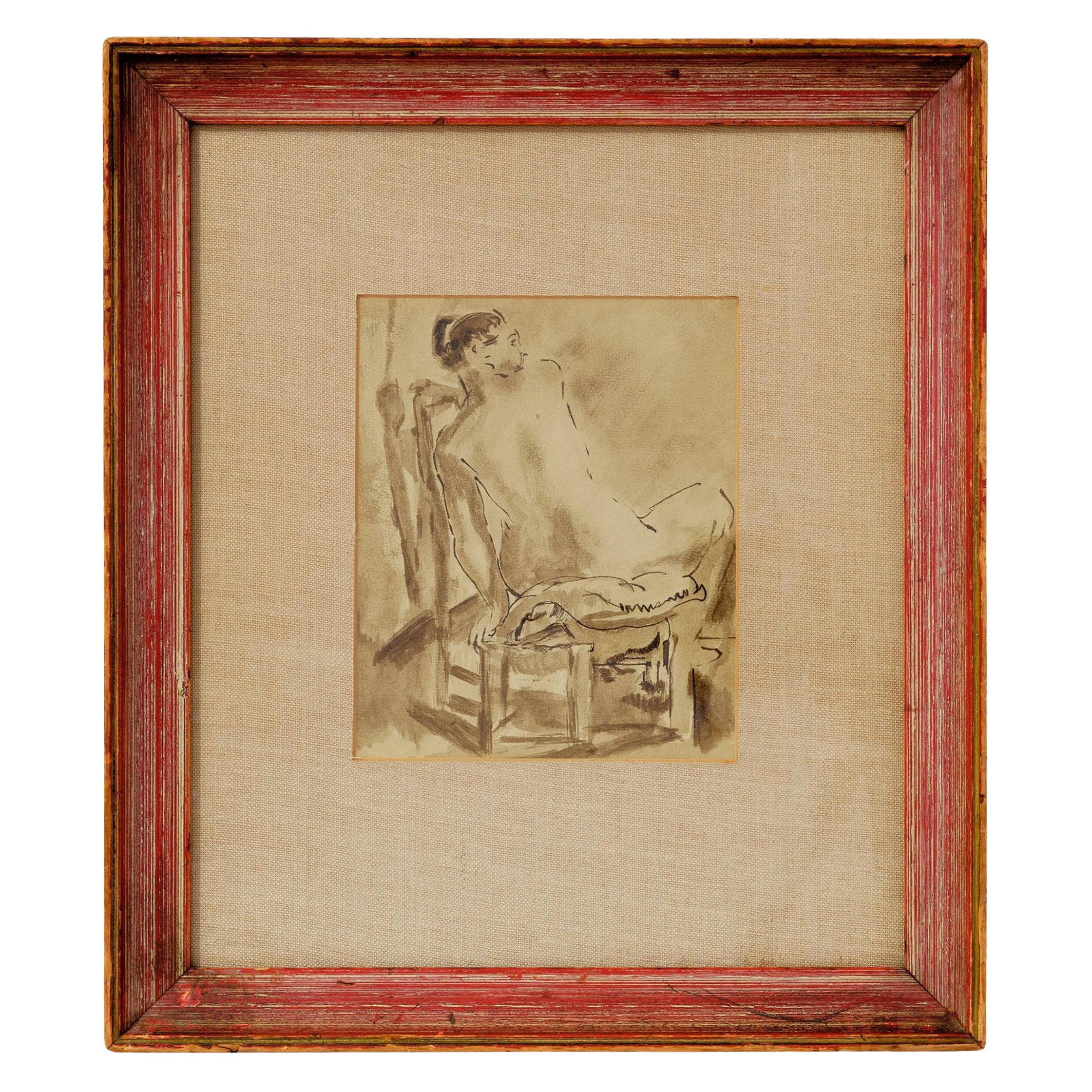 Nude Painting, Ink Wash, C 1950, Back View, Original Dark Tan Wood Framing, Art For Sale