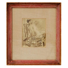 Pittura di nudo, lavaggio a inchiostro, 1950 circa, vista posteriore, cornice originale in legno scuro, arte