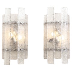 Pair of Clear Textured Murano Glass and Silver Nickel Sconces, Italy