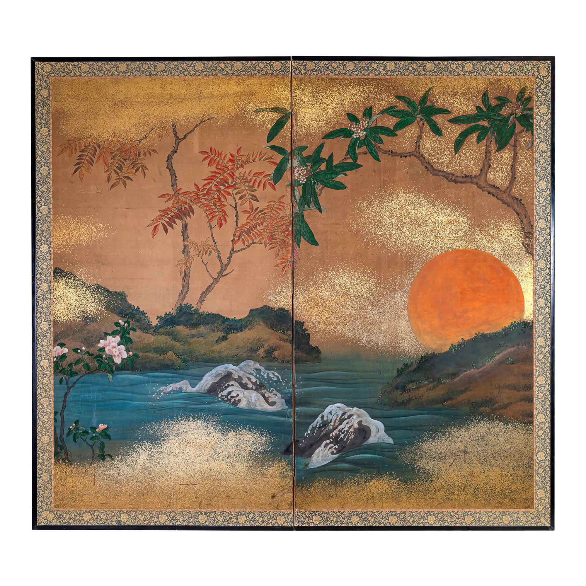 Japanese Two Panel Screen: Sun over Cresting Waves with Golden Clouds