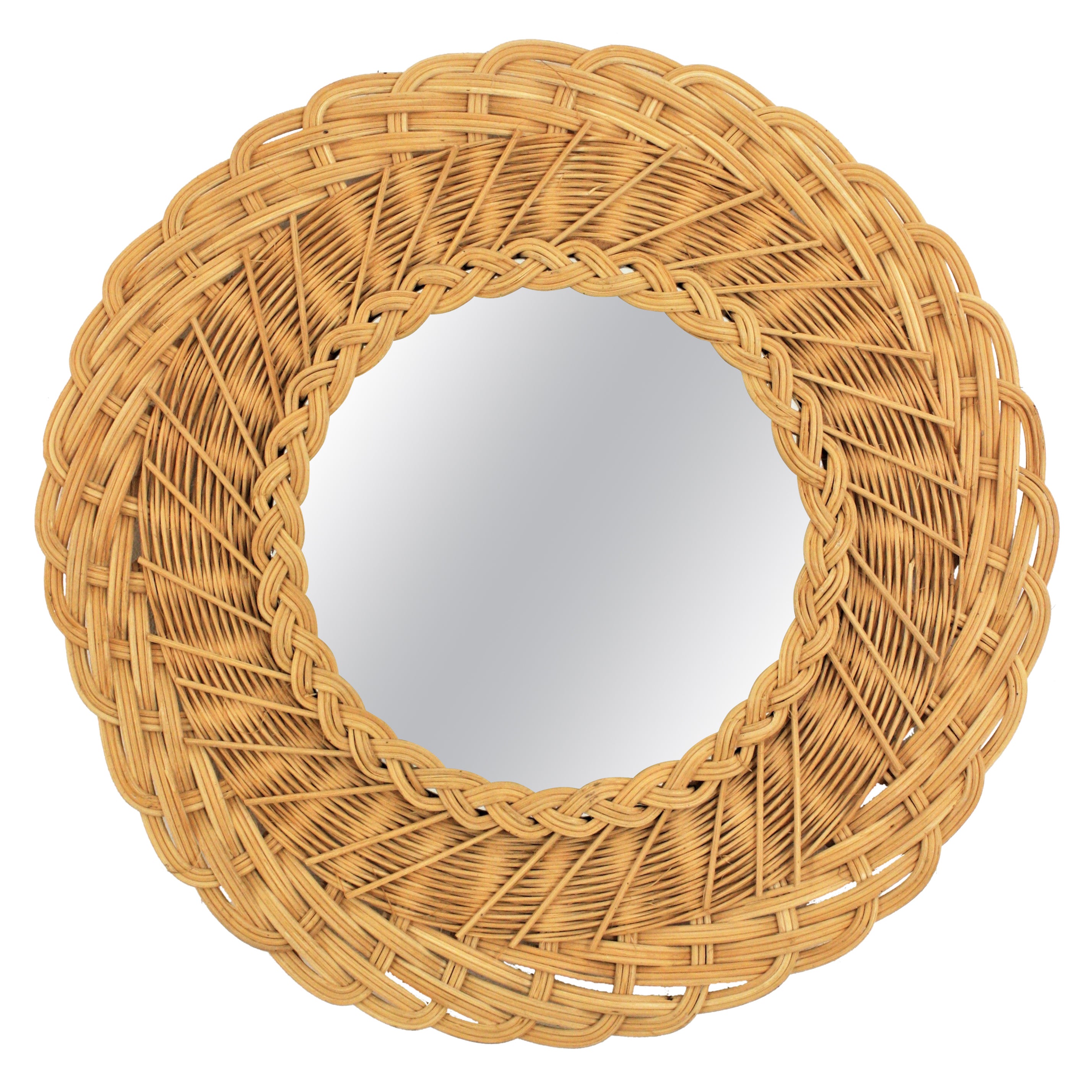 Rattan Wicker Round Mirror with Hand-Woven Frame, France, 1960s