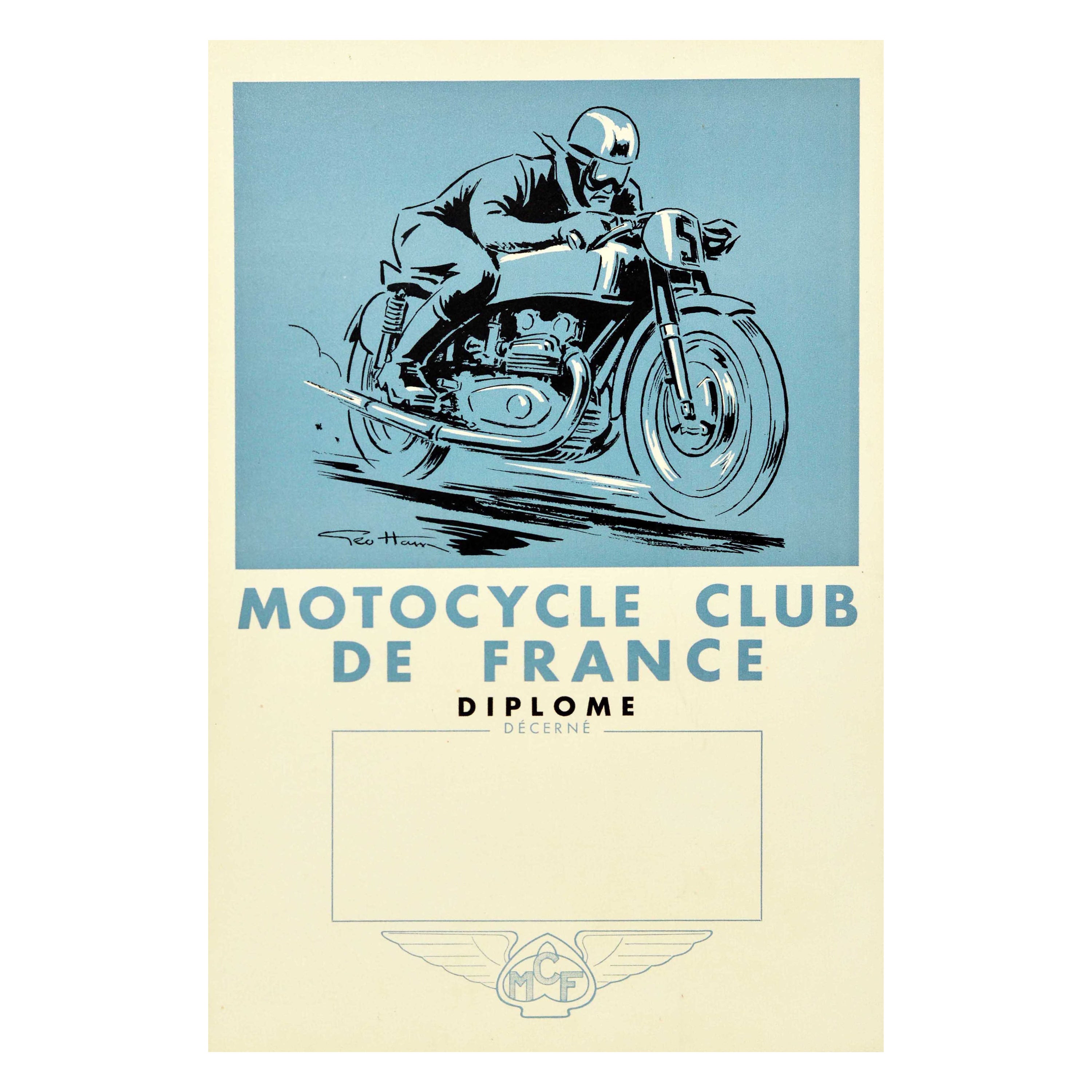 Original Vintage Diploma Award Poster Motocycle Club De France Motorcycle Art For Sale