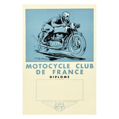 Original Used Diploma Award Poster Motocycle Club De France Motorcycle Art