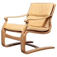 Bentwood with Beige / Creme Leather Lounge Easy Chair by Ake Fribytter for Nelo